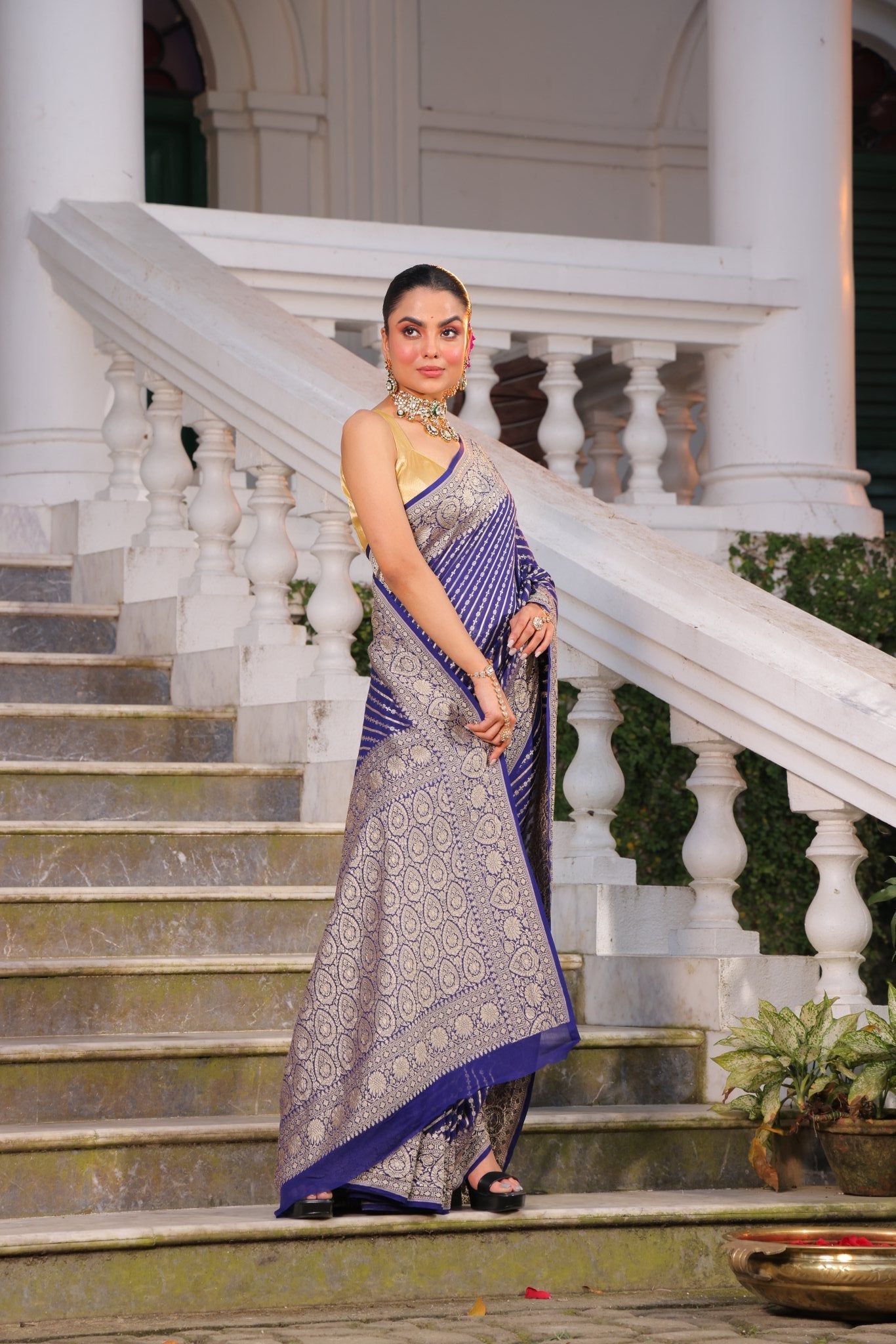 Pure Banarasi Khaddi Georgette Saree in Leheriya Style Zari Hand Weaving - Kalyanam By Swati