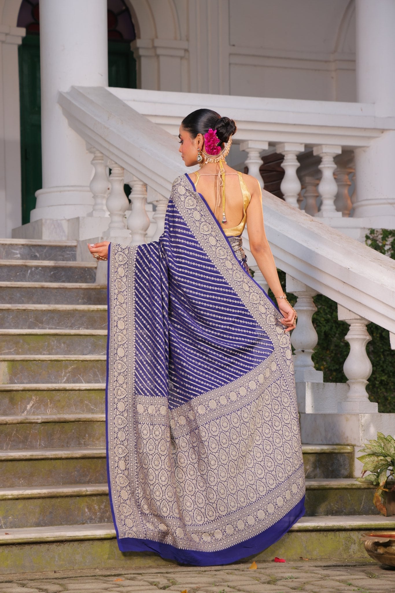 Pure Banarasi Khaddi Georgette Saree in Leheriya Style Zari Hand Weaving - Kalyanam By Swati
