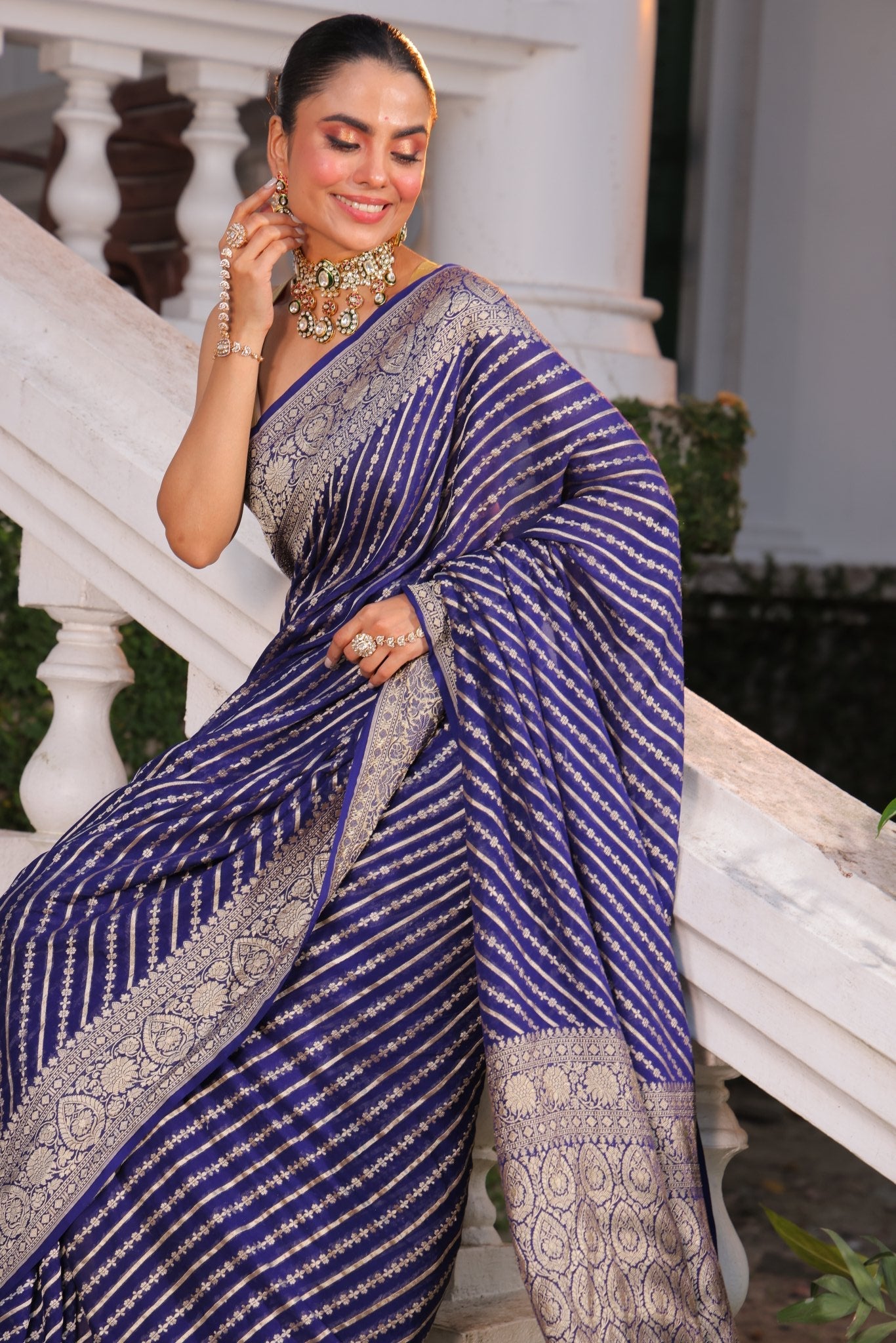 Pure Banarasi Khaddi Georgette Saree in Leheriya Style Zari Hand Weaving - Kalyanam By Swati