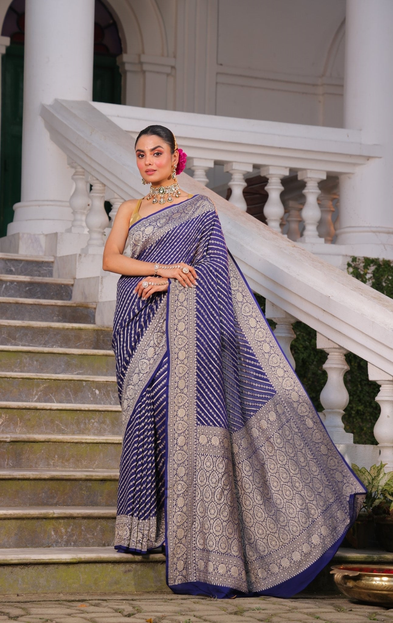 Pure Banarasi Khaddi Georgette Saree in Leheriya Style Zari Hand Weaving - Kalyanam By Swati
