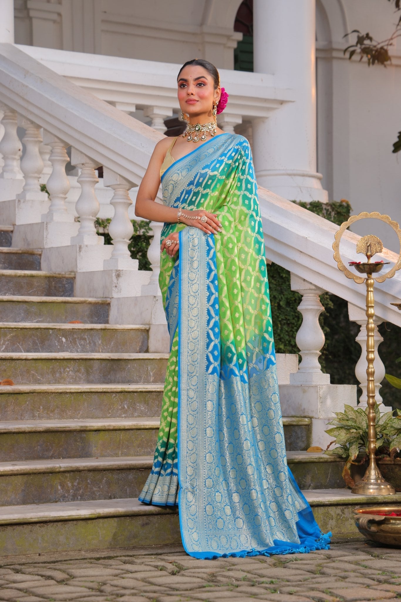 Pure Banarasi Khaddi Georgette Saree in Silver Water Zari Weaving - Kalyanam By Swati