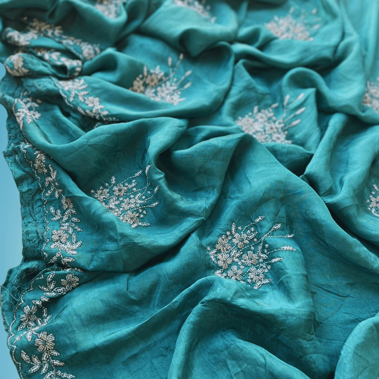 Pure banarasi munga silk saree in all over cutdana and pearls handwork - Kalyanam By Swati