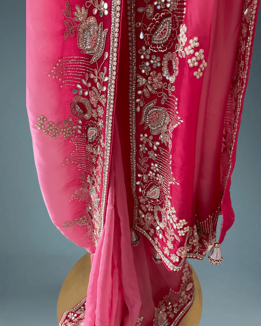 Pure crepe satin silk saree in heavy zardozi handwork in pink color - Kalyanam By Swati