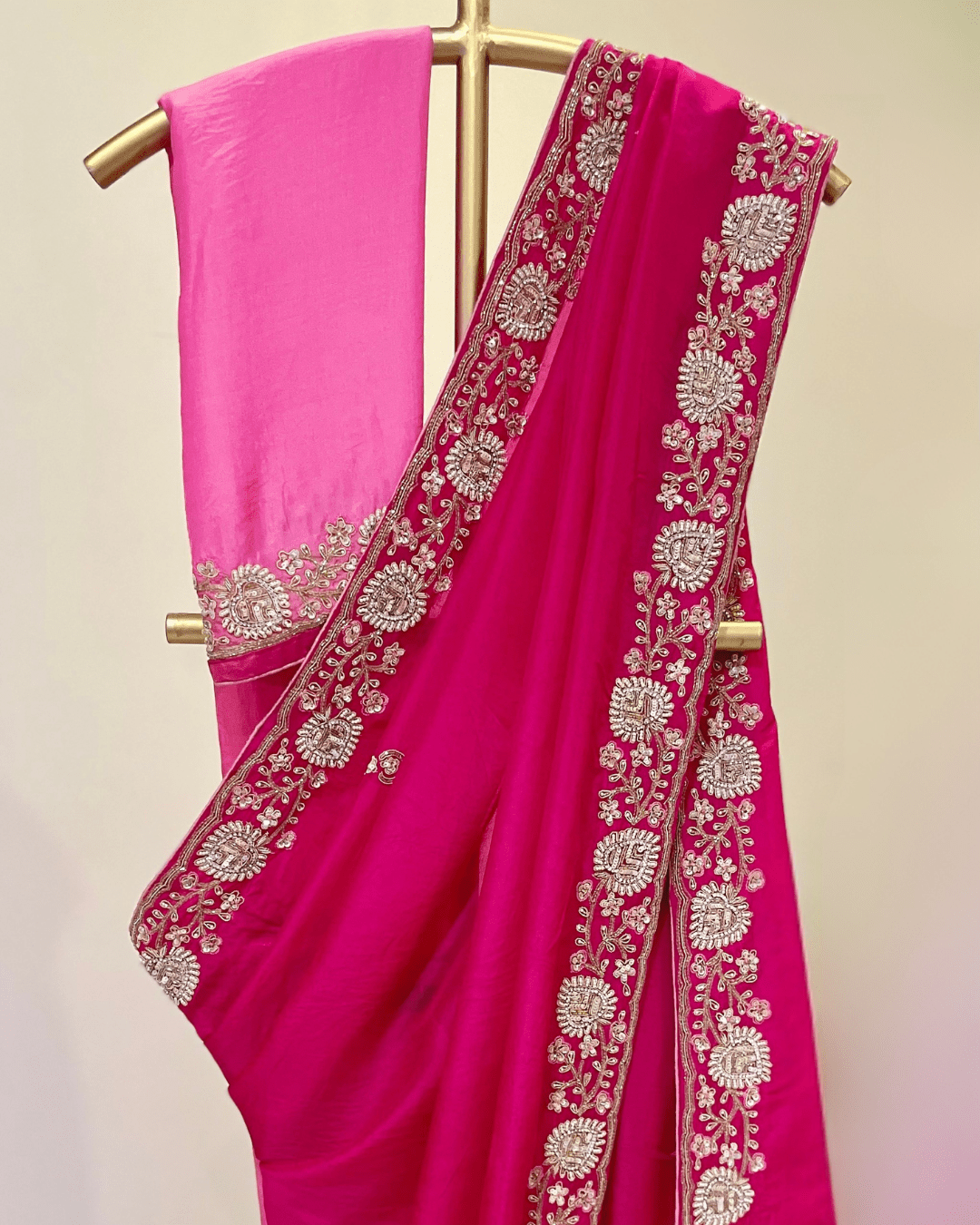 Pure crepe silk saree in heavy zardozi handwork in hot pink color - Kalyanam By Swati