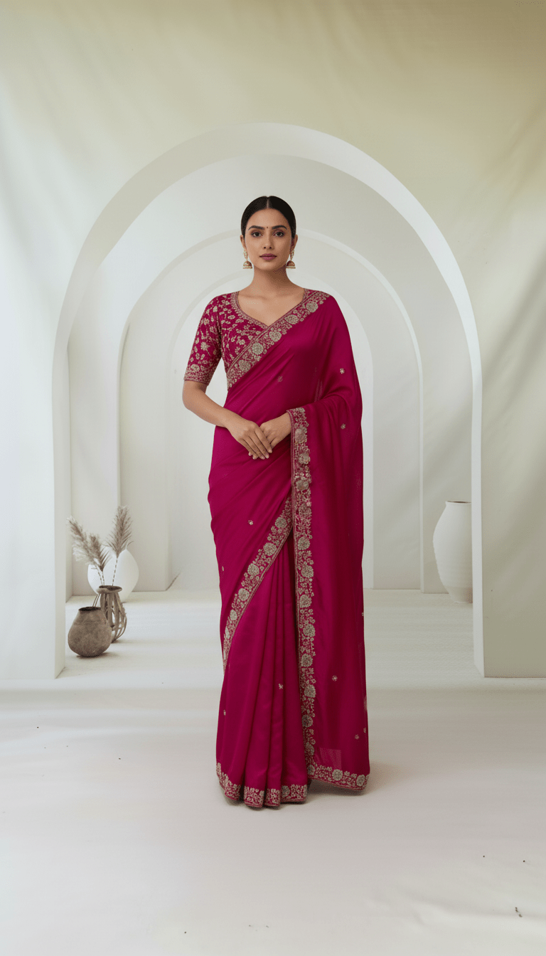 Pure crepe silk saree in heavy zardozi handwork in hot pink color - Kalyanam By Swati