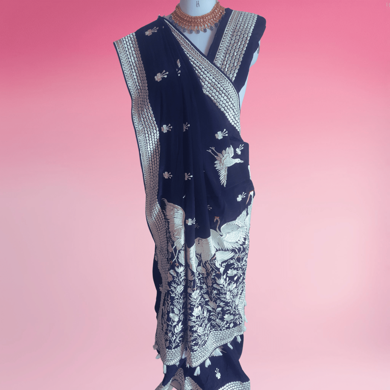 Pure crepe silk saree in parsi gara thread embroidery in black colour - Kalyanam By Swati