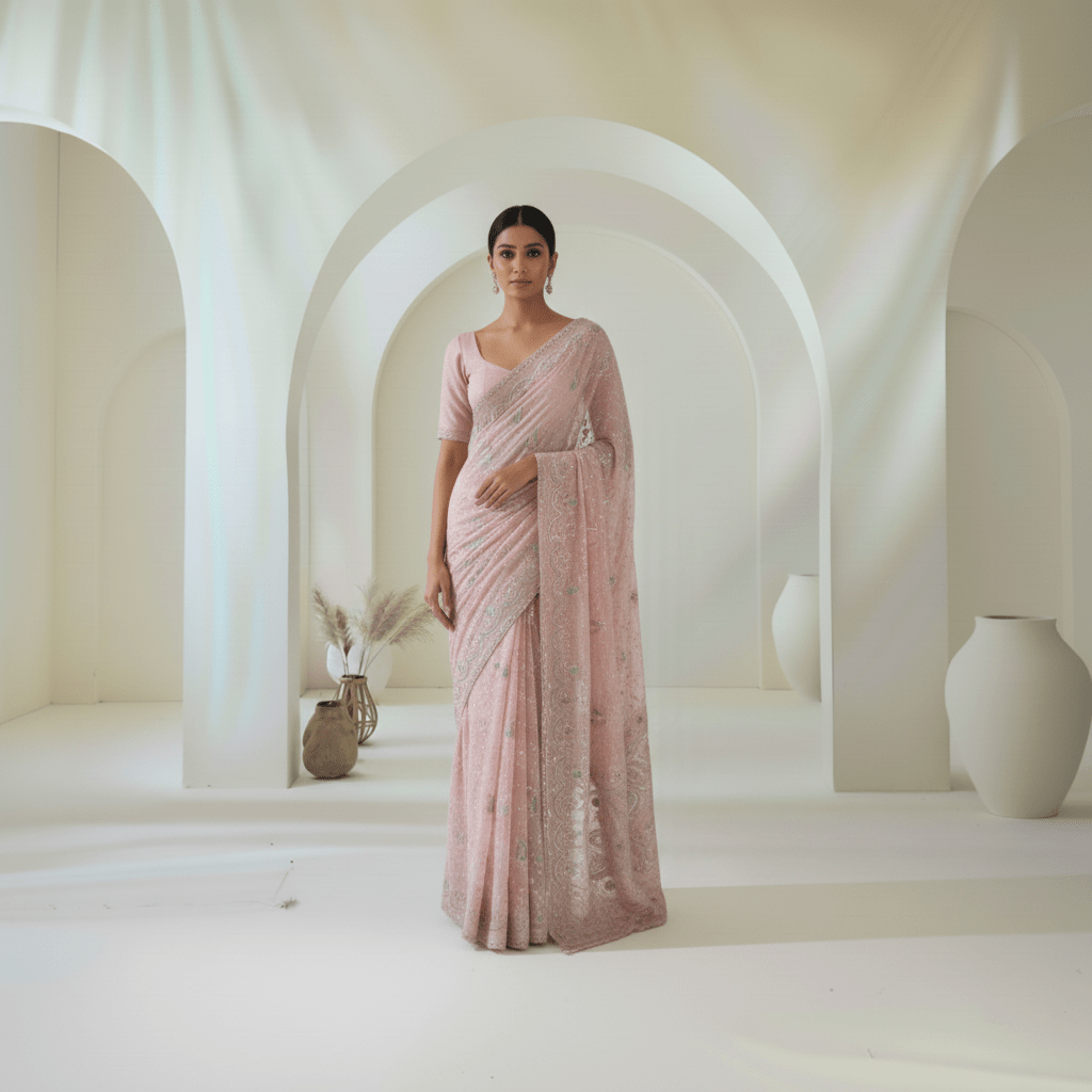 Pure Georgette Chikankari Saree in Dusky Pink color - Kalyanam By Swati