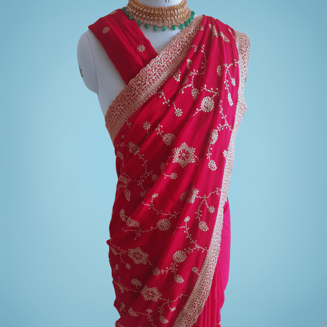 Pure Georgette Saree in hand dabka weaving all over saree in hot pink color - Kalyanam By Swati