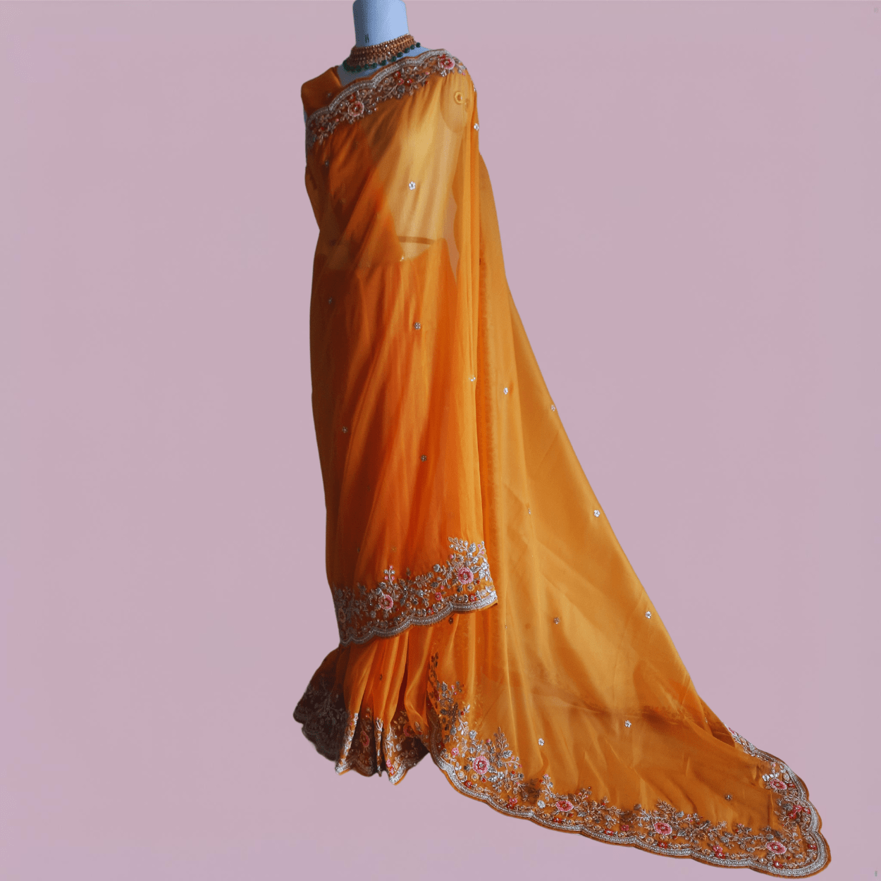 Pure Organza Net Saree in heavy resham thread handwork in turmeric yellow color - Kalyanam By Swati