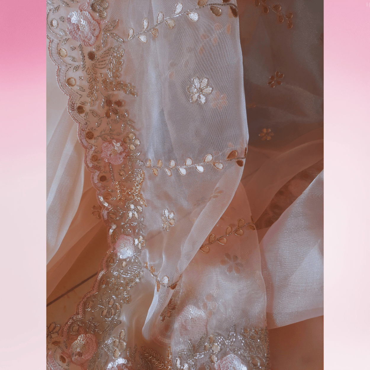 Pure Organza Saree in heavy gotapatti and cutdana handwork in peach pink colour - Kalyanam By Swati