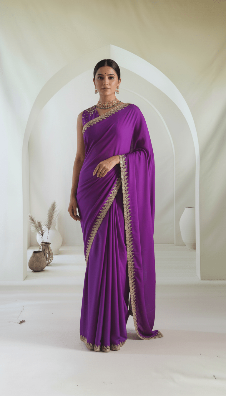 Pure Satin Crepe silk designer party wear saree in Purple - Kalyanam By Swati