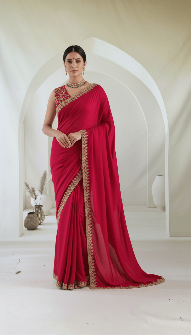Pure Satin Crepe silk saree in Hot Pink - Kalyanam By Swati