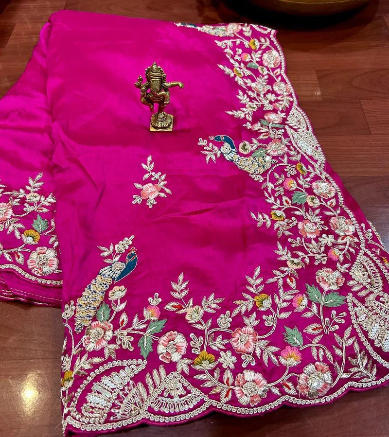 Pure Silk Satin Crepe Saree in Hot Pink color - Kalyanam By Swati