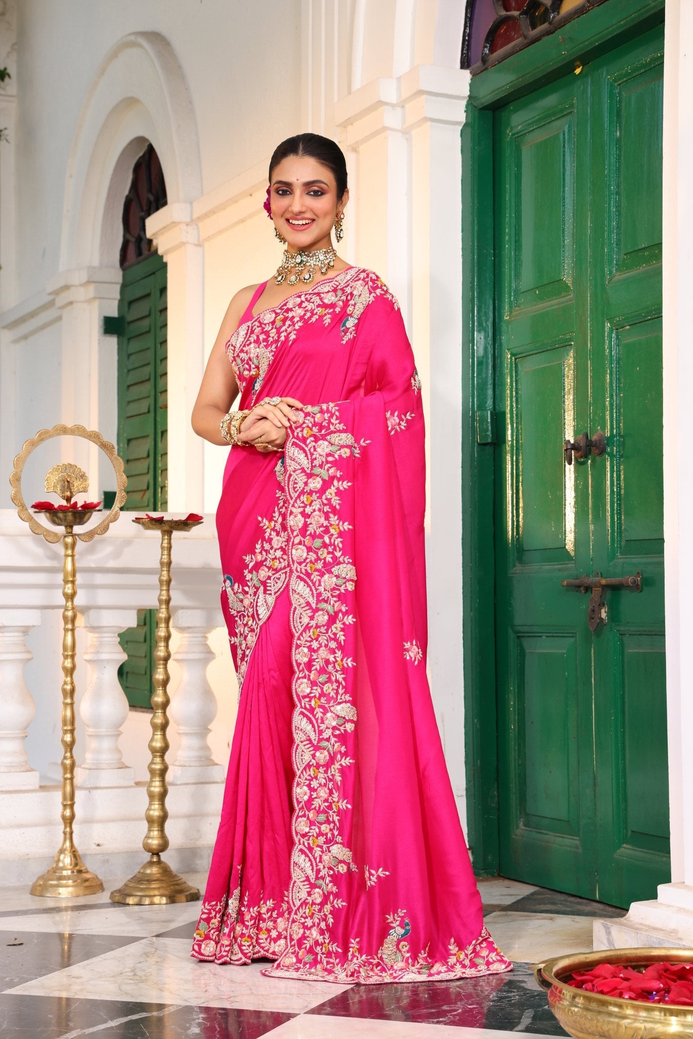 Pure Silk Satin Crepe Saree in Hot Pink color - Kalyanam By Swati