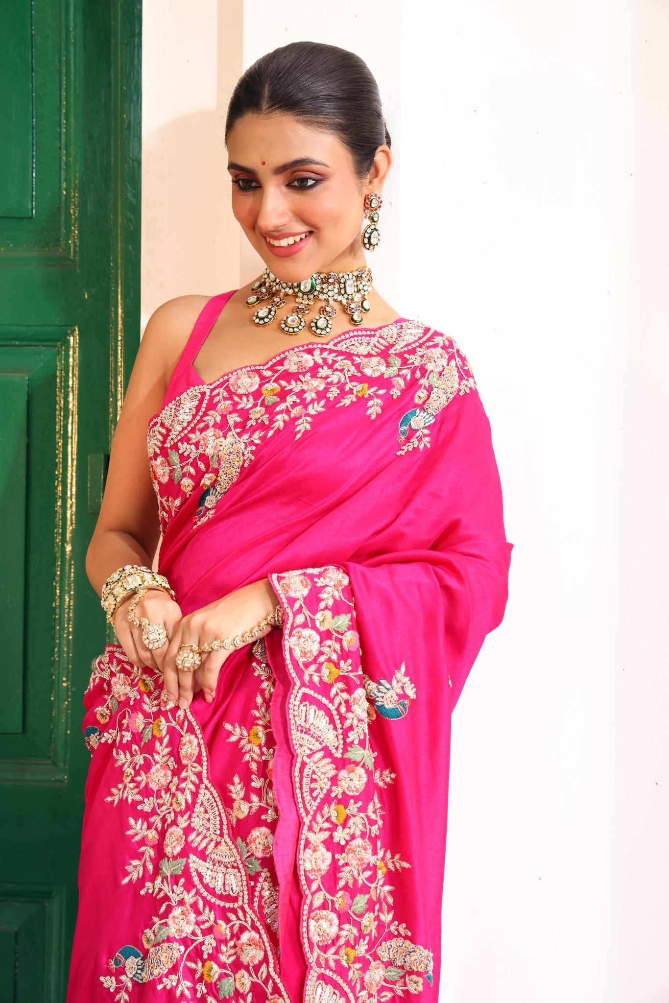 Pure Silk Satin Crepe Saree in Hot Pink color - Kalyanam By Swati