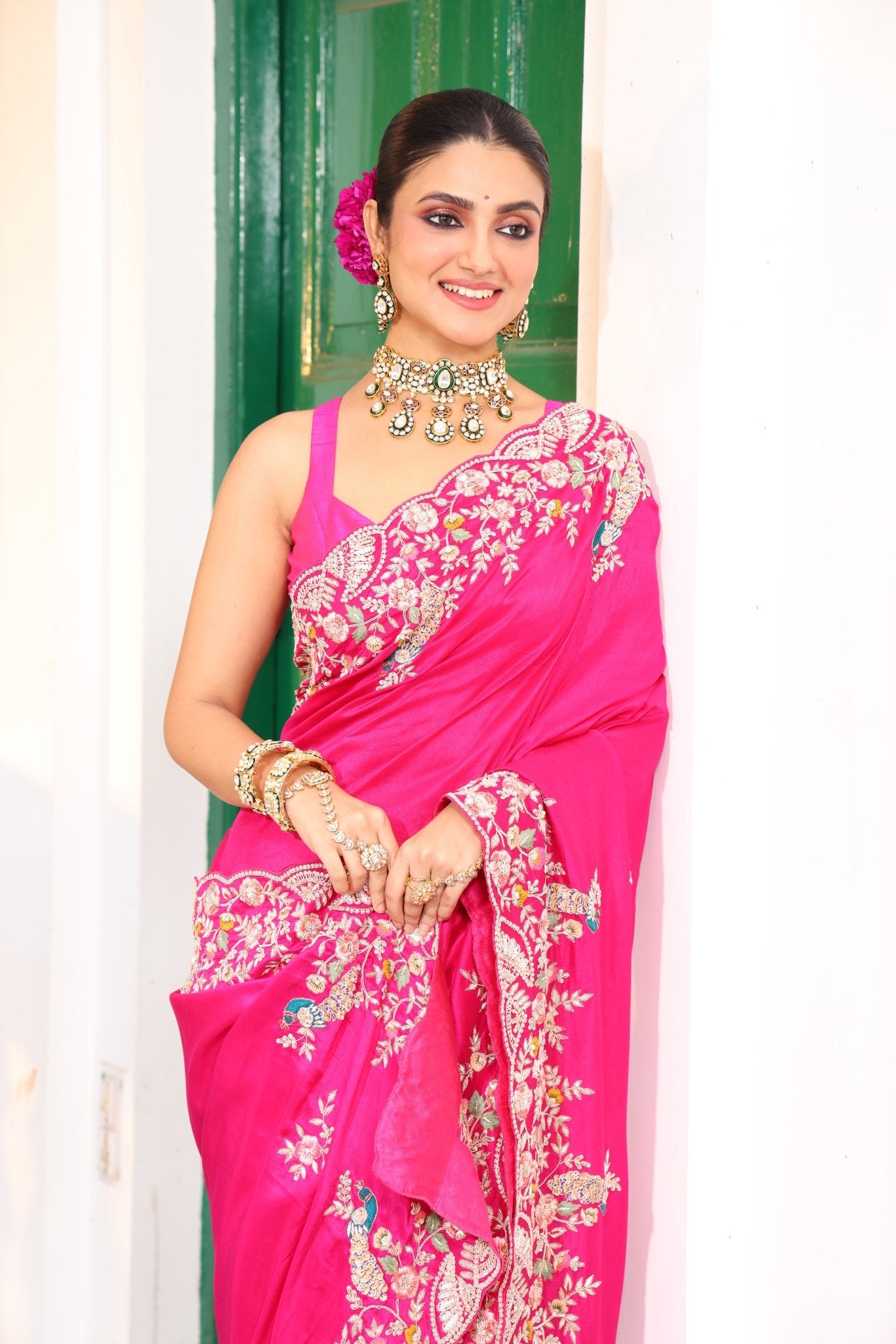 Pure Silk Satin Crepe Saree in Hot Pink color - Kalyanam By Swati