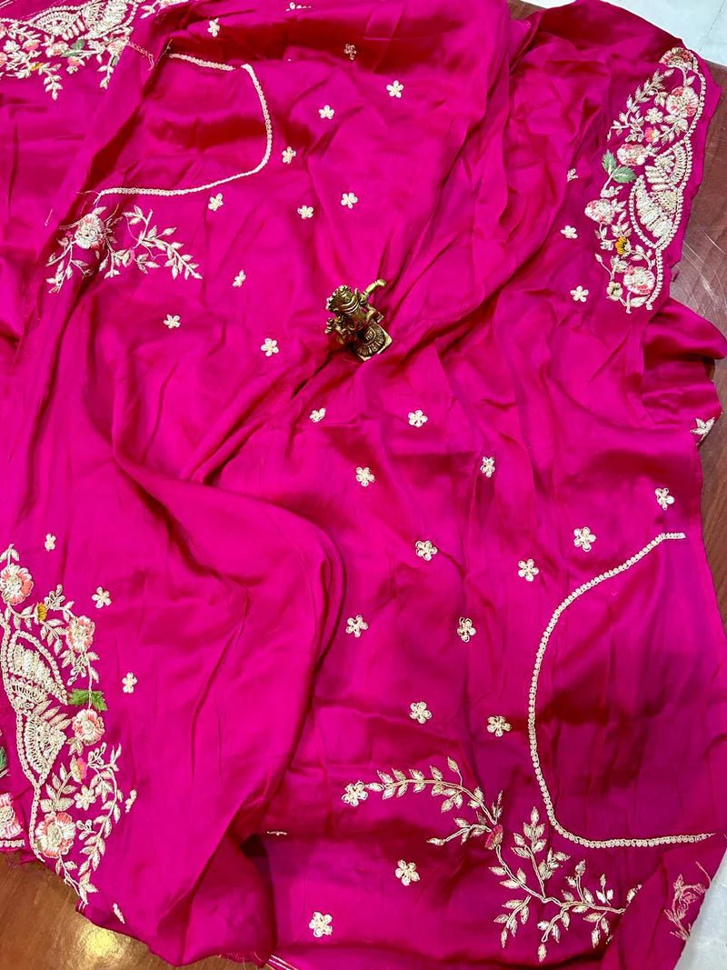 Pure Silk Satin Crepe Saree in Hot Pink color - Kalyanam By Swati