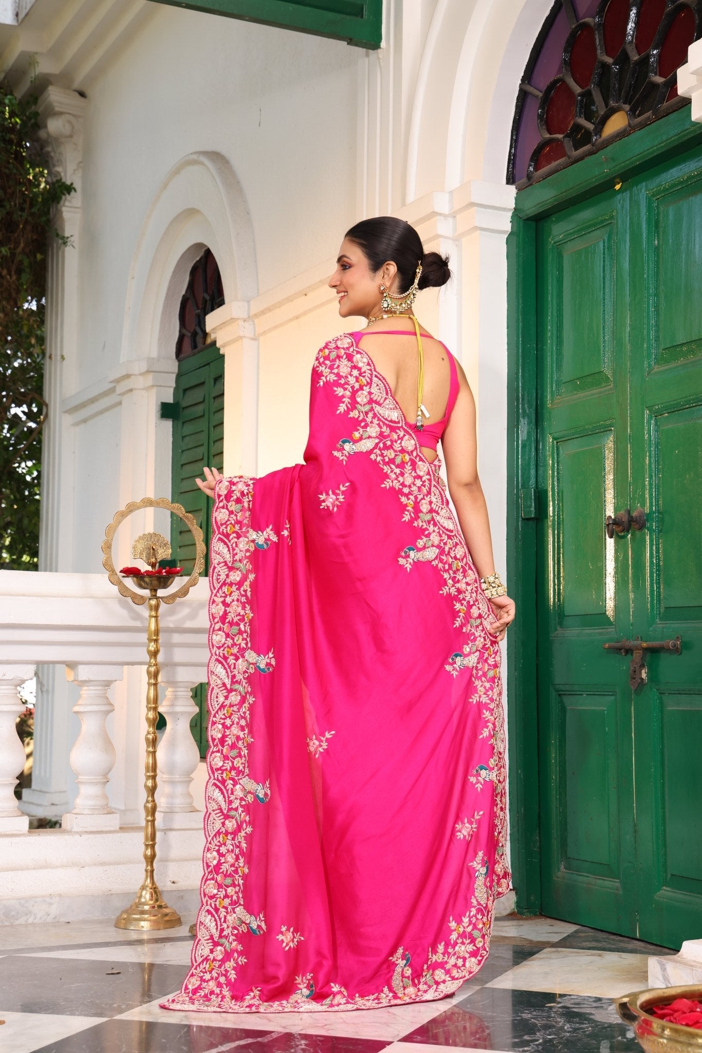 Pure Silk Satin Crepe Saree in Hot Pink color - Kalyanam By Swati