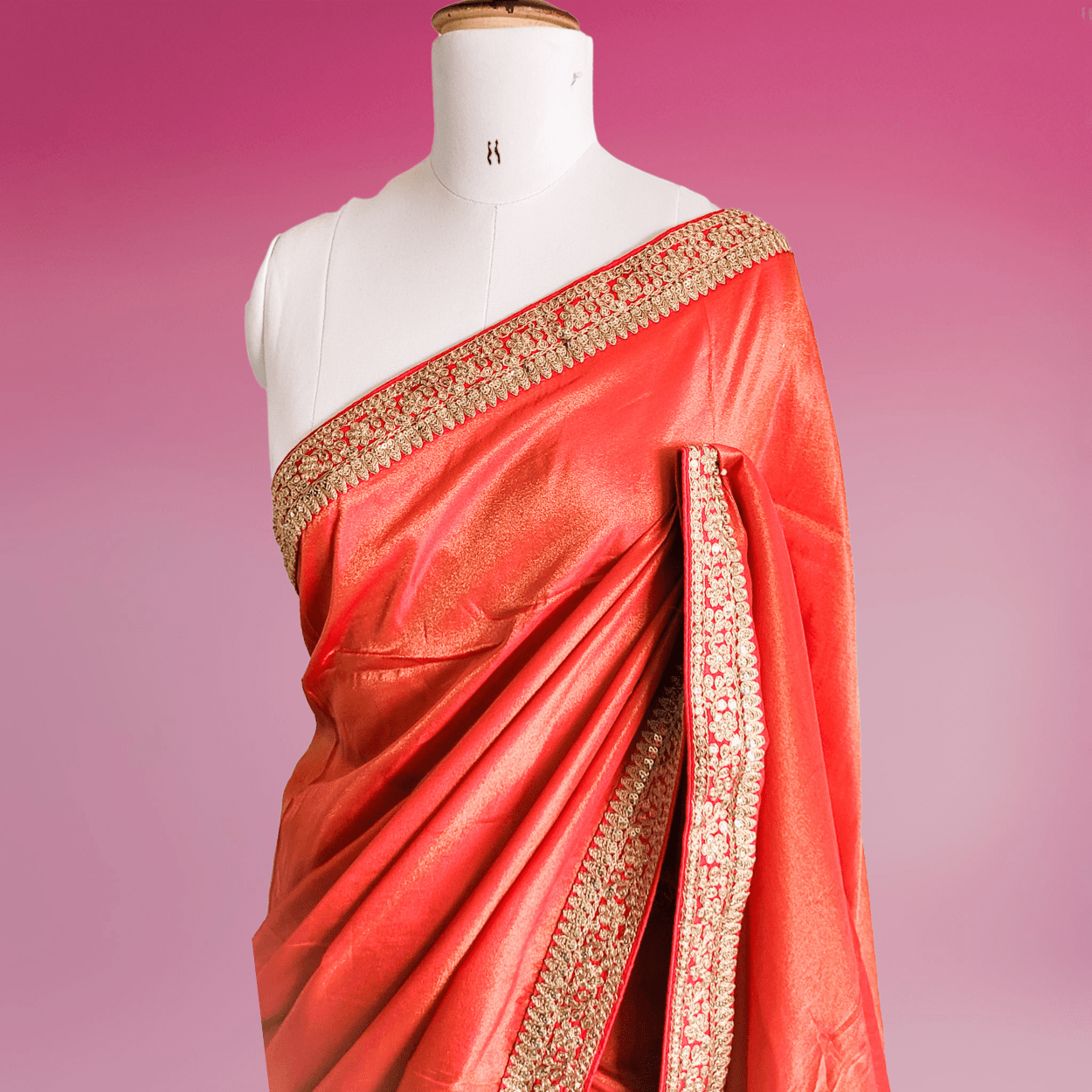 Red Tissue Silk saree in Handmade Borders - Kalyanam By Swati