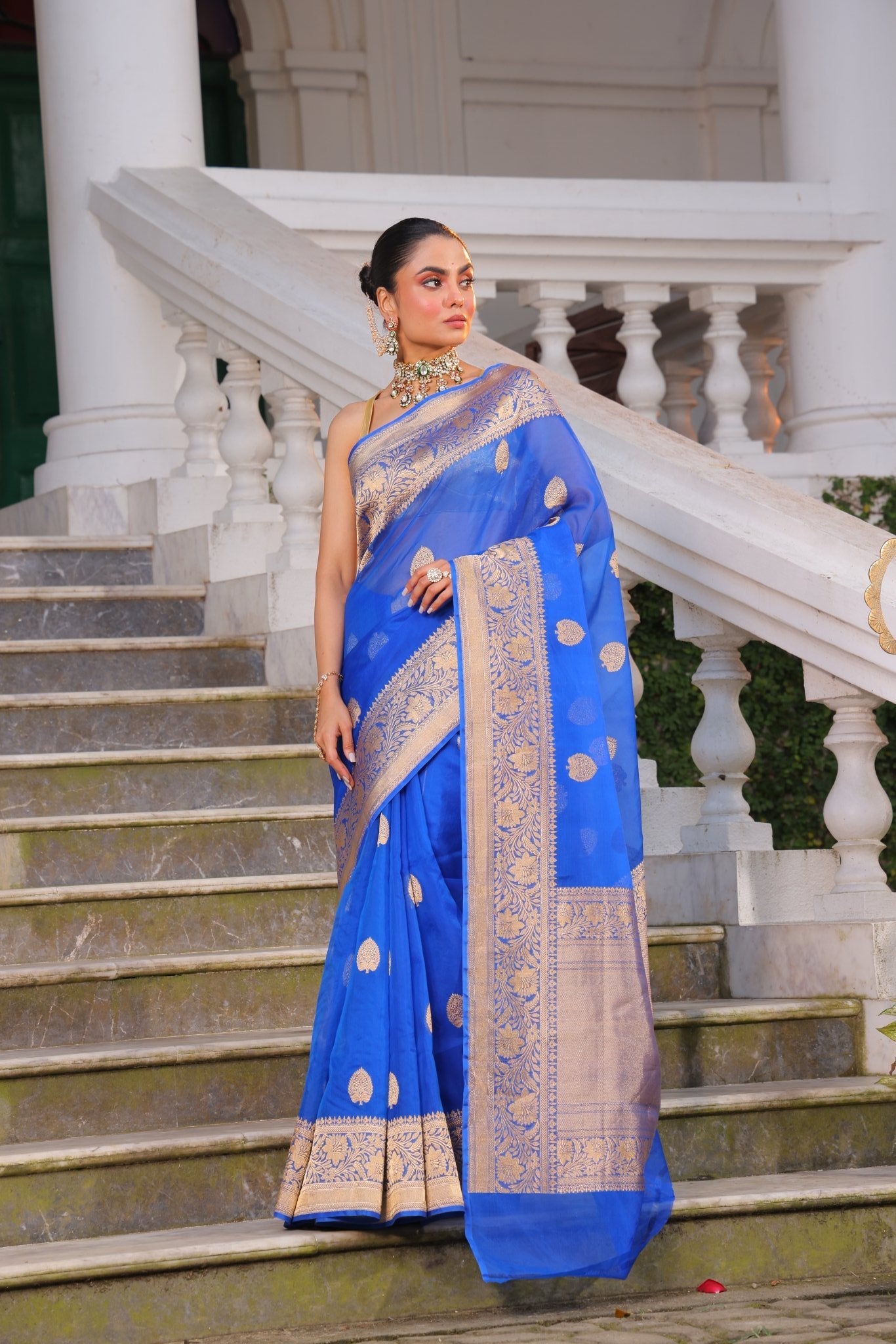 Silkmark certified Pure Banrasi Kora handloom Silk Saree in kadhua butta zari weaving - Kalyanam By Swati