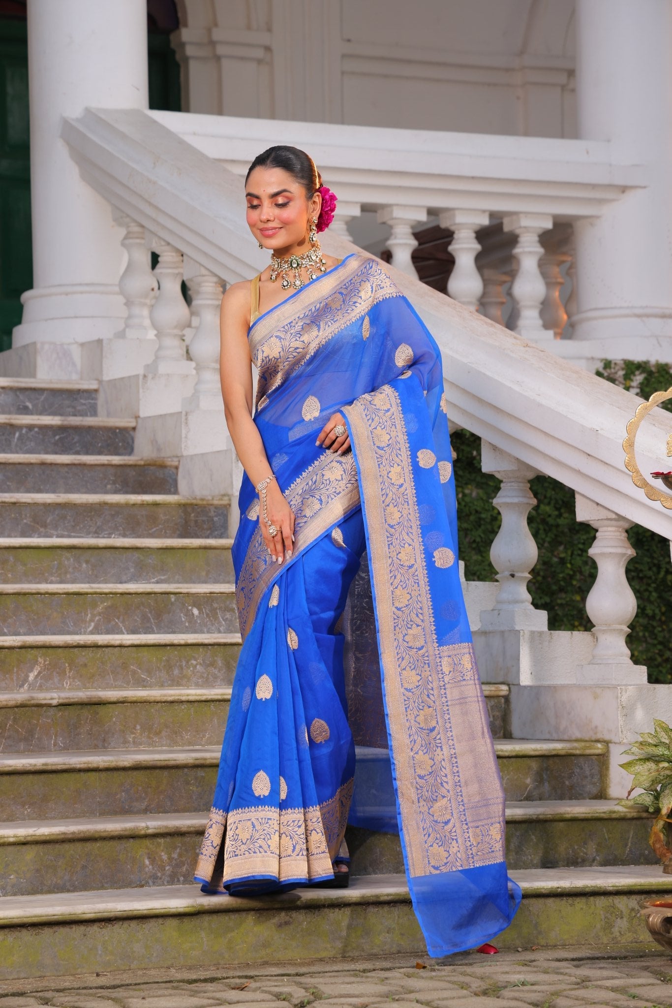 Silkmark certified Pure Banrasi Kora handloom Silk Saree in kadhua butta zari weaving - Kalyanam By Swati