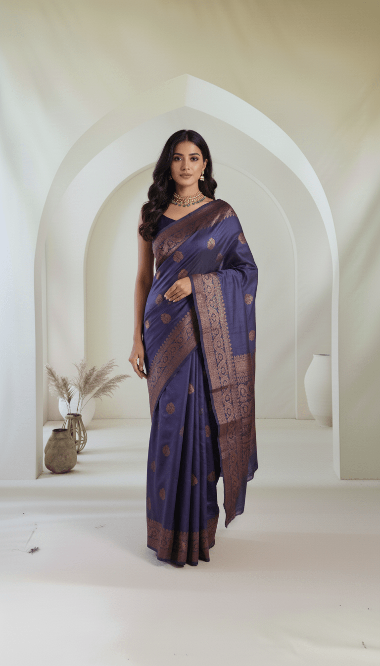 Silkmark certified Pure Banrasi Raw Silk Tussar Saree in Antique zari weaving - Kalyanam By Swati