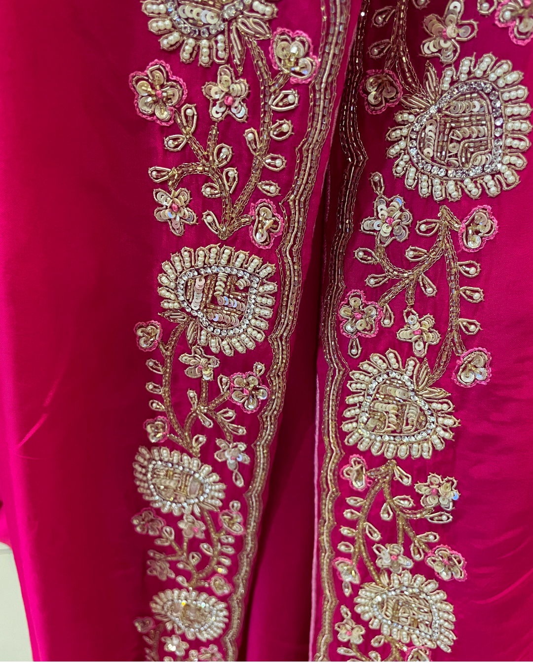 Pure crepe silk saree in heavy zardozi handwork in hot pink color