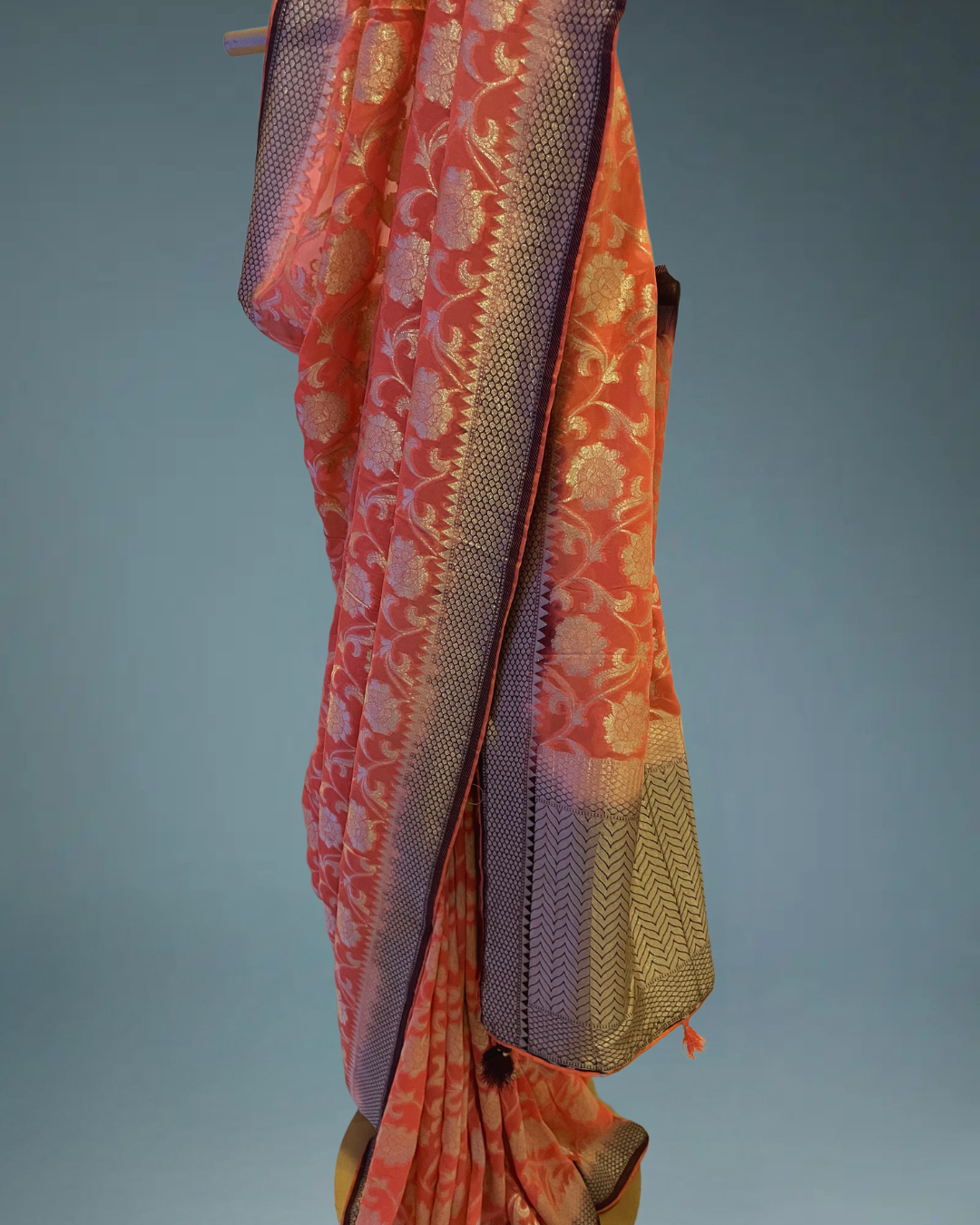 Banarasi Georgette Saree in peach color in floral weaving jaal in water zari