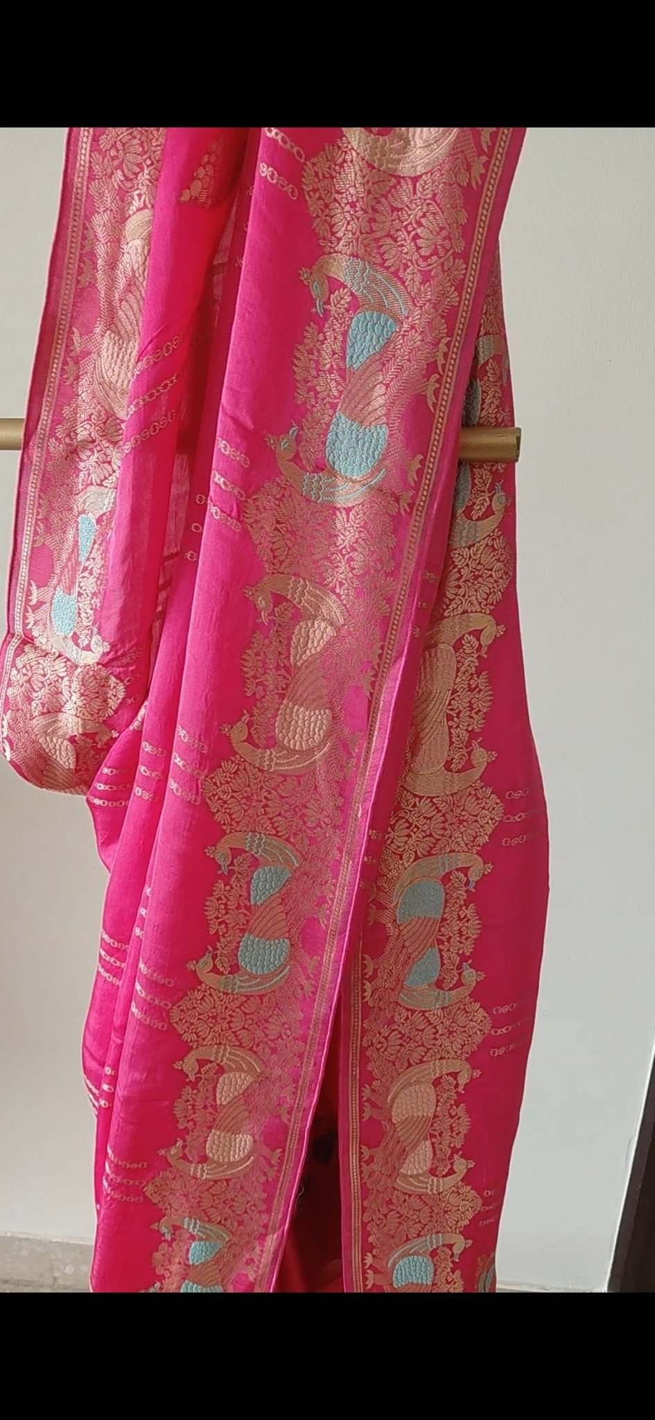 Banarasi Satin Mashru Silk Saree in peacock meenakari zari motifs - Kalyanam By Swati