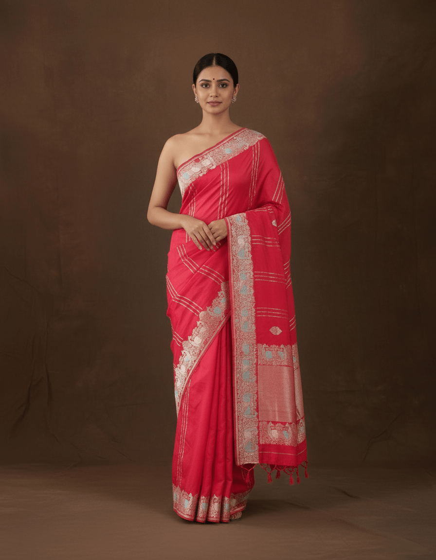 Banarasi Satin Mashru Silk Saree in peacock meenakari zari motifs - Kalyanam By Swati