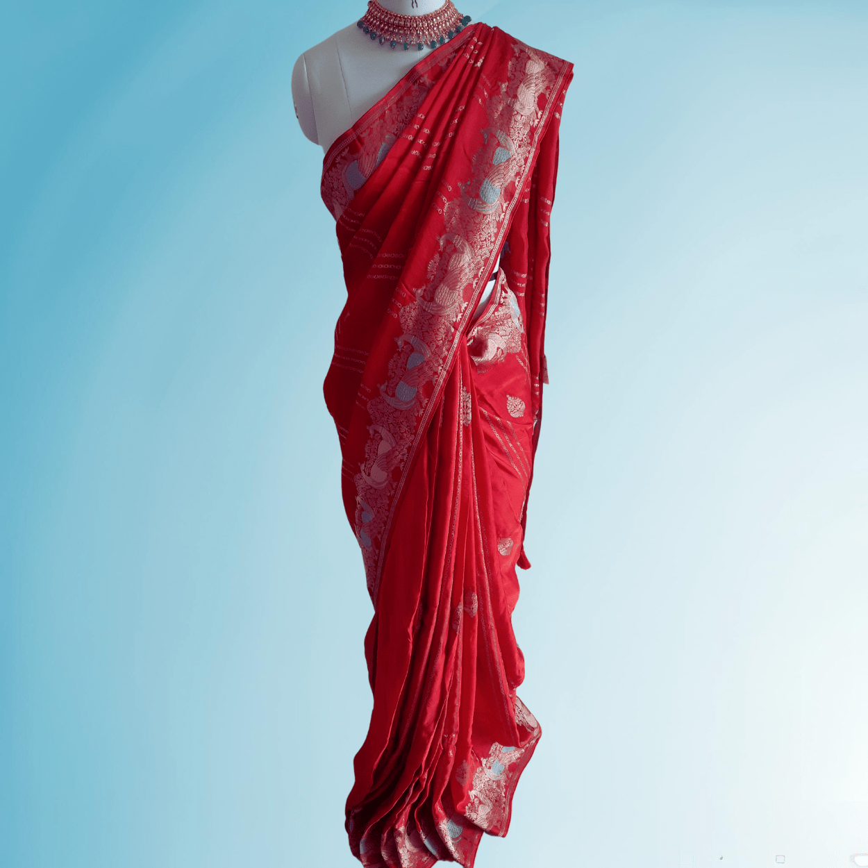 Banarasi Satin Mashru Silk Saree in peacock meenakari zari motifs - Kalyanam By Swati