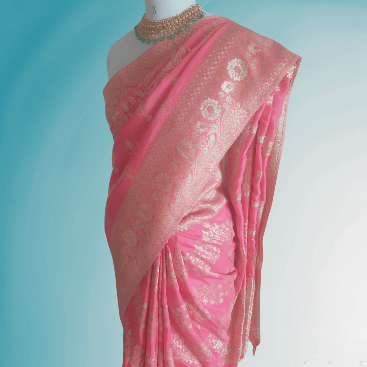 Banarasi Silk Saree in all over Silver Zari hand weaving in pink colour - Kalyanam By Swati