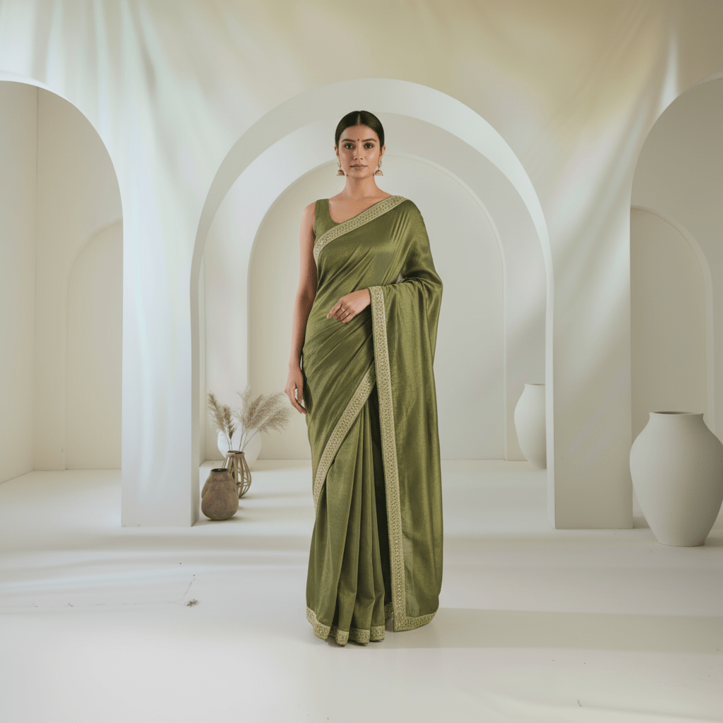 Green Tissue Silk saree in Handmade Borders - Kalyanam By Swati