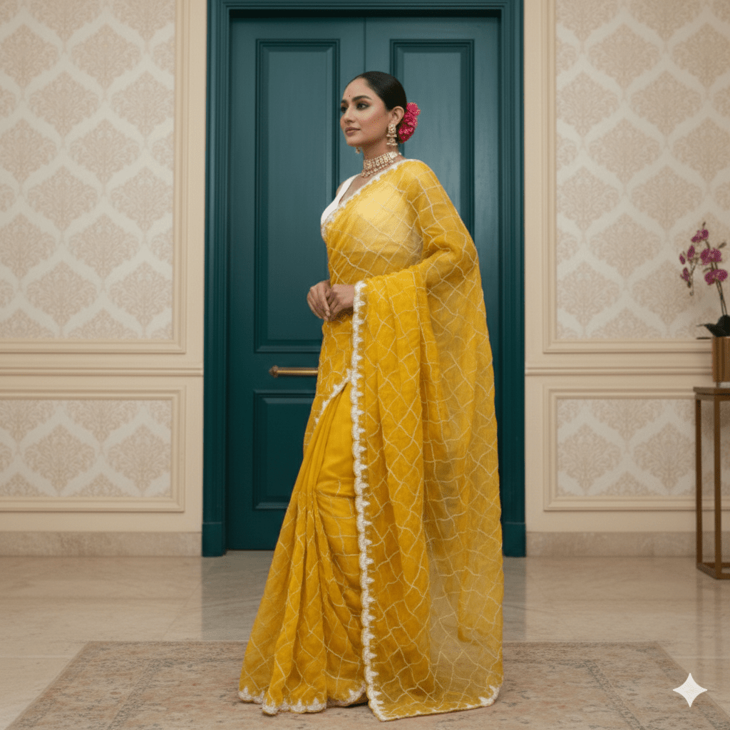Haldi Yellow Designer Organza Saree | Heavy Pearl & Cutdana Jaal Work - Kalyanam By Swati