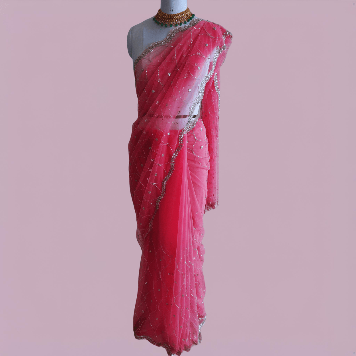 Net Saree in stone and cutdana jaal handwork all over saree in pink color - Kalyanam By Swati