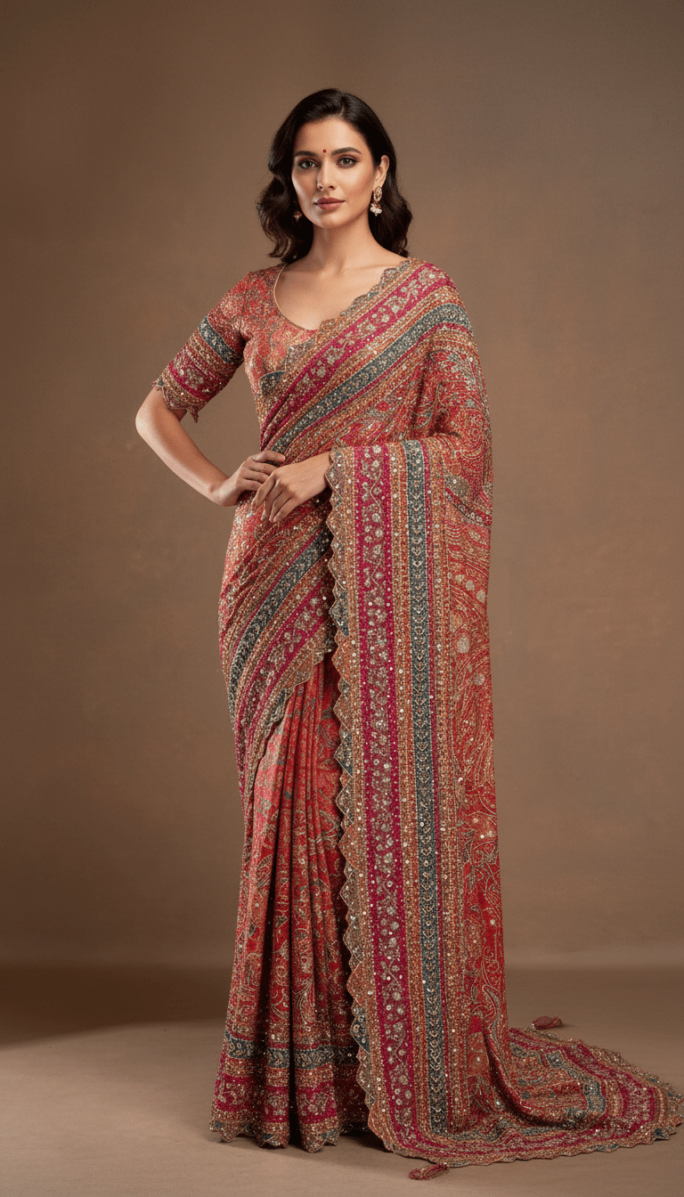 Pink Printed Crepe Designer Saree with Embroidered Readymade Blouse - Kalyanam By Swati