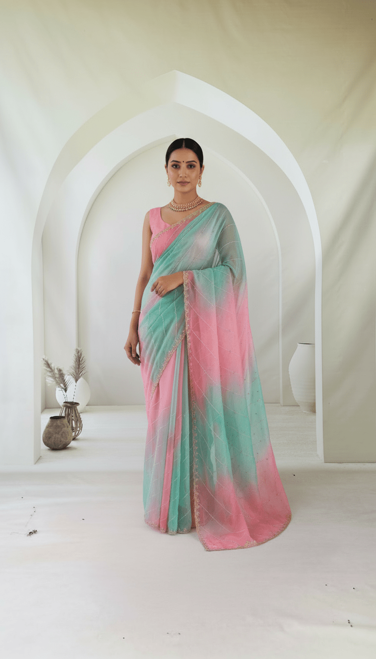 Pink shaded Pure Organza Saree in cutdana and stones handwork - Kalyanam By Swati