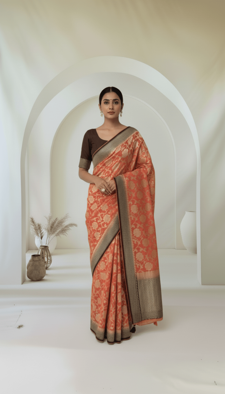 Pure Banarasi Georgette Saree in peach color in floral weaving jaal in water zari - Kalyanam By Swati