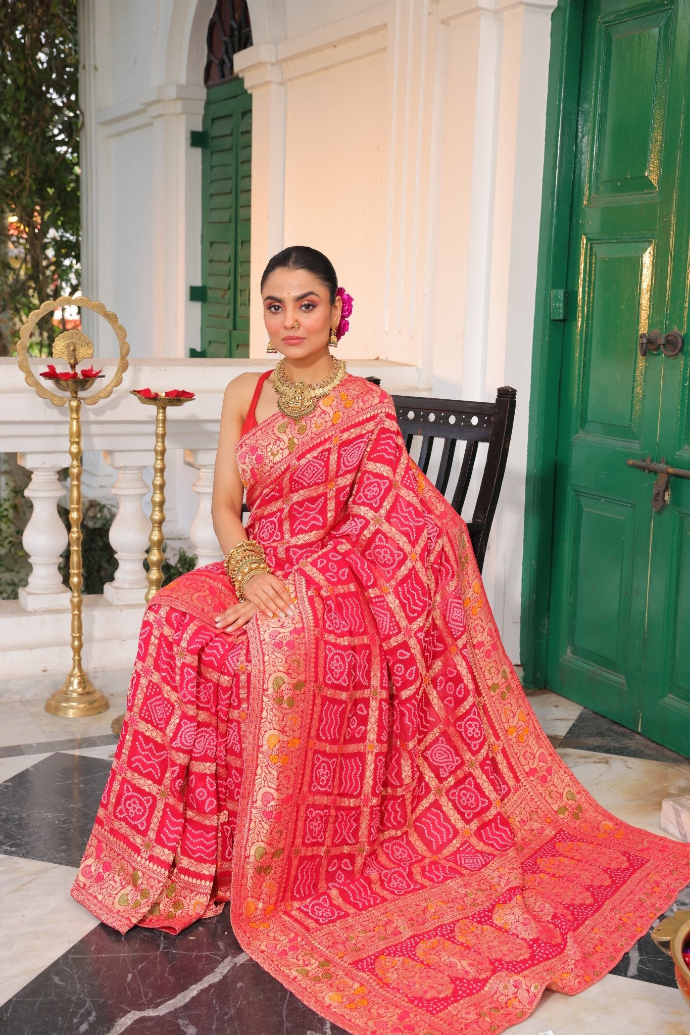 Pure Banarasi Khaddi Georgette Gharchola Bandhej Saree - Kalyanam By Swati