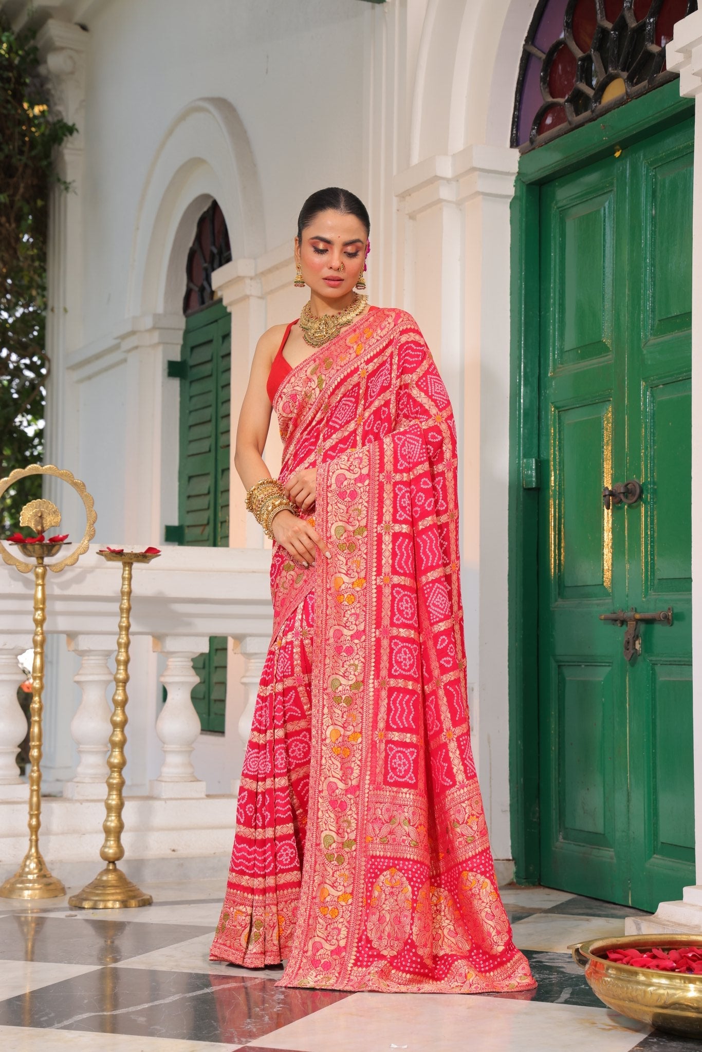 Pure Banarasi Khaddi Georgette Gharchola Bandhej Saree - Kalyanam By Swati