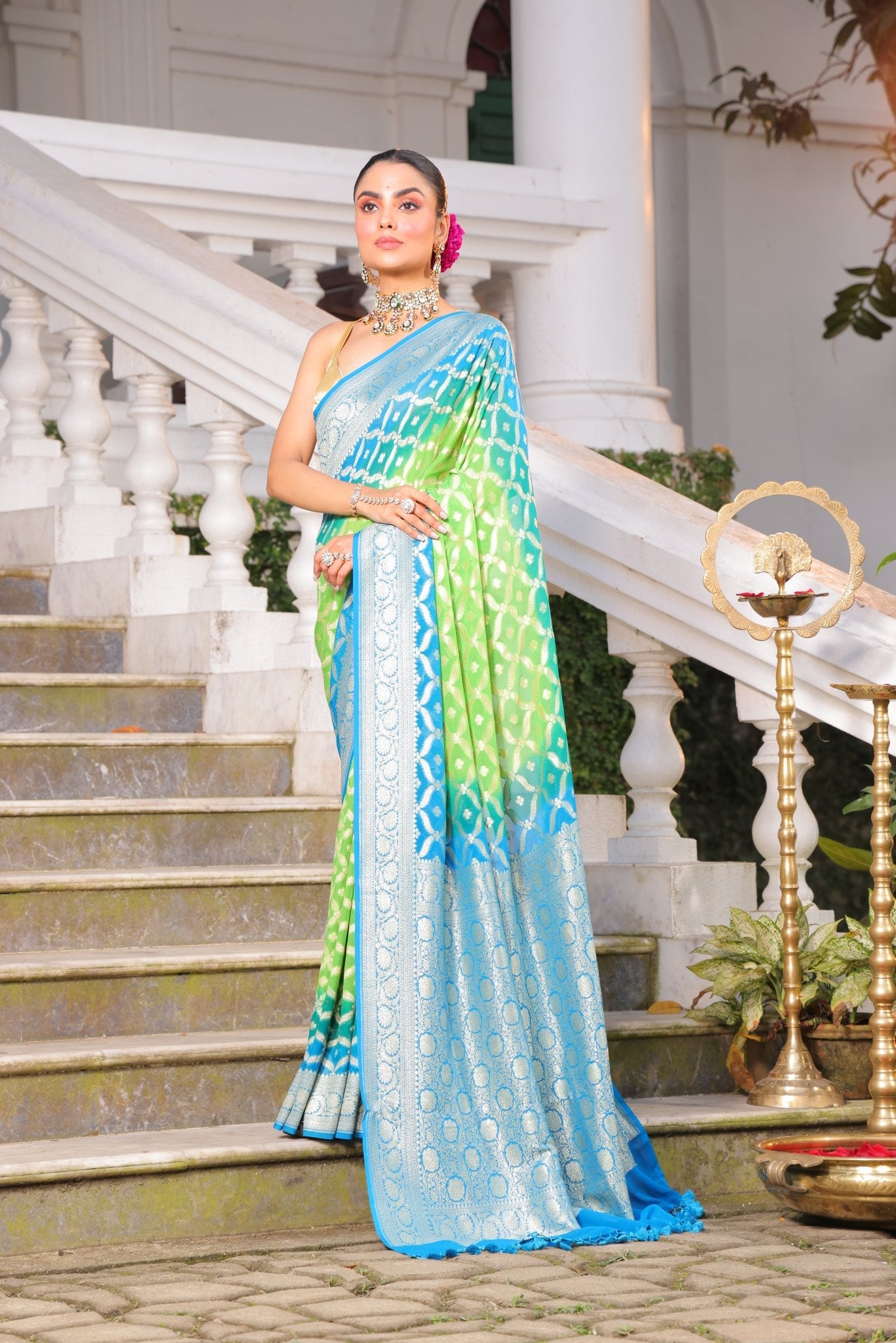 Pure Banarasi Khaddi Georgette Saree in Silver Water Zari Weaving - Kalyanam By Swati