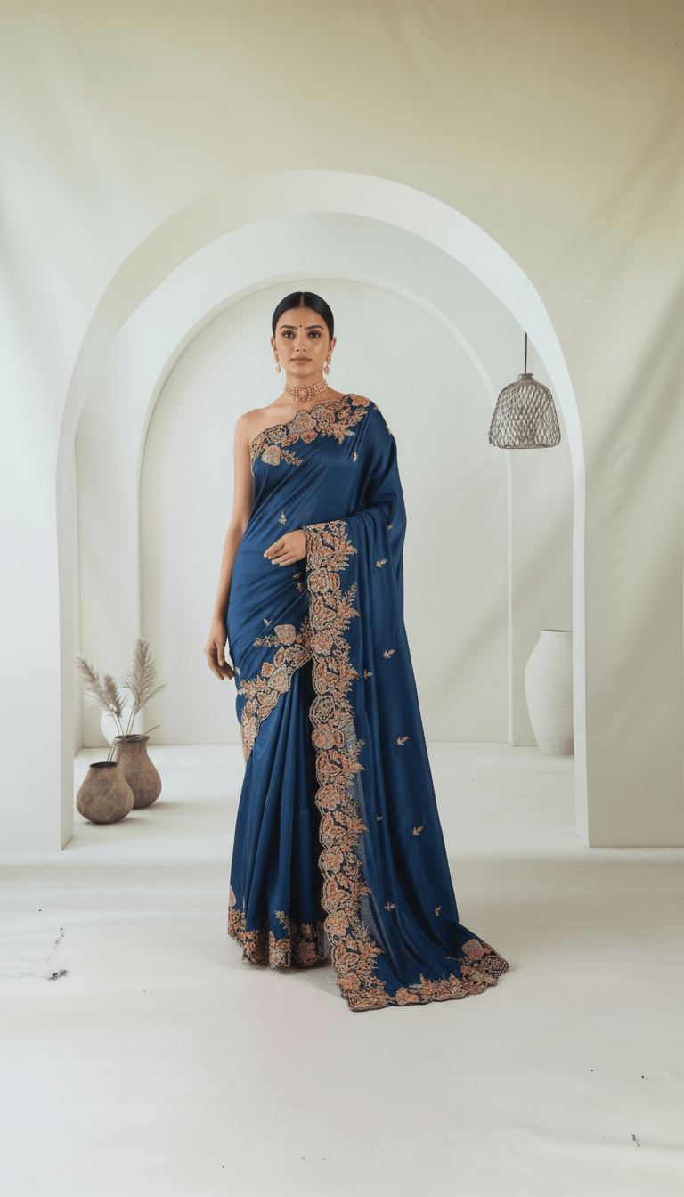 Pure chinnon crepe silk saree in resham dori hand embroidery in peacock blue color - Kalyanam By Swati