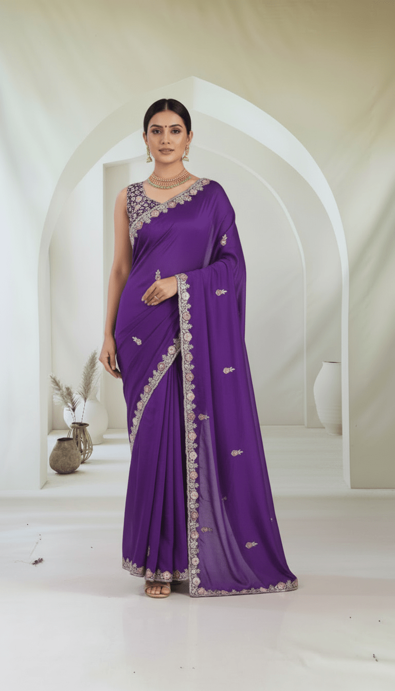 Pure Chinnon Satin Crepe silk saree in Purple - Kalyanam By Swati