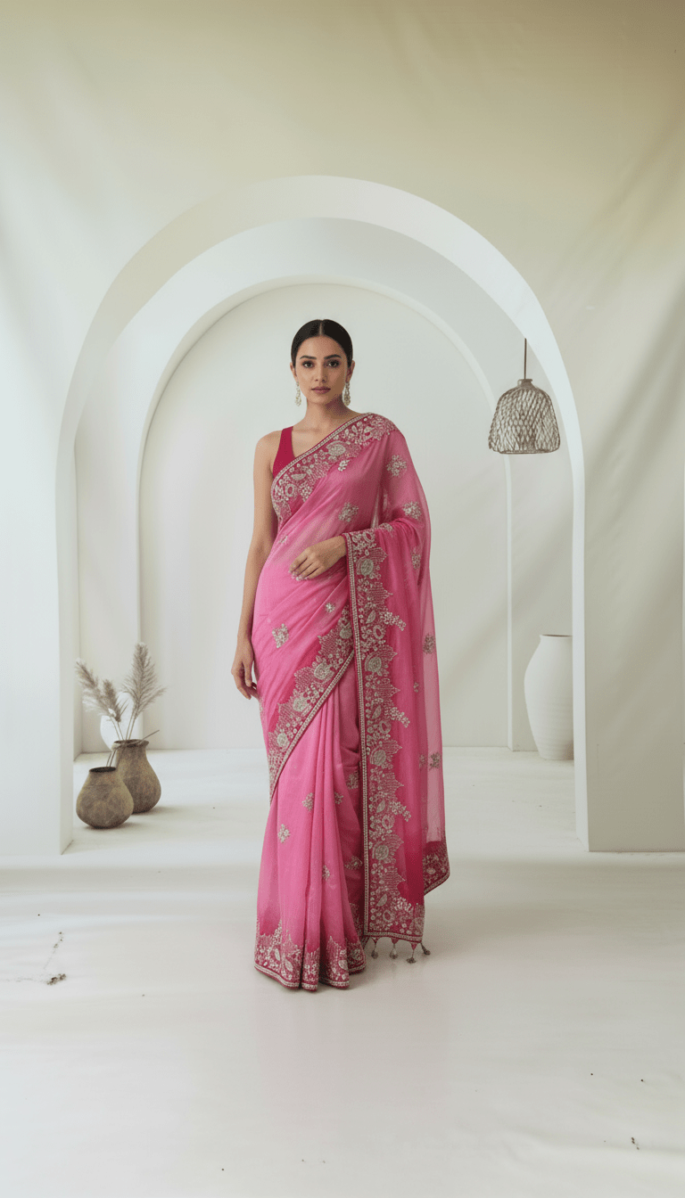 Pure crepe satin silk saree in heavy zardozi handwork in pink color - Kalyanam By Swati