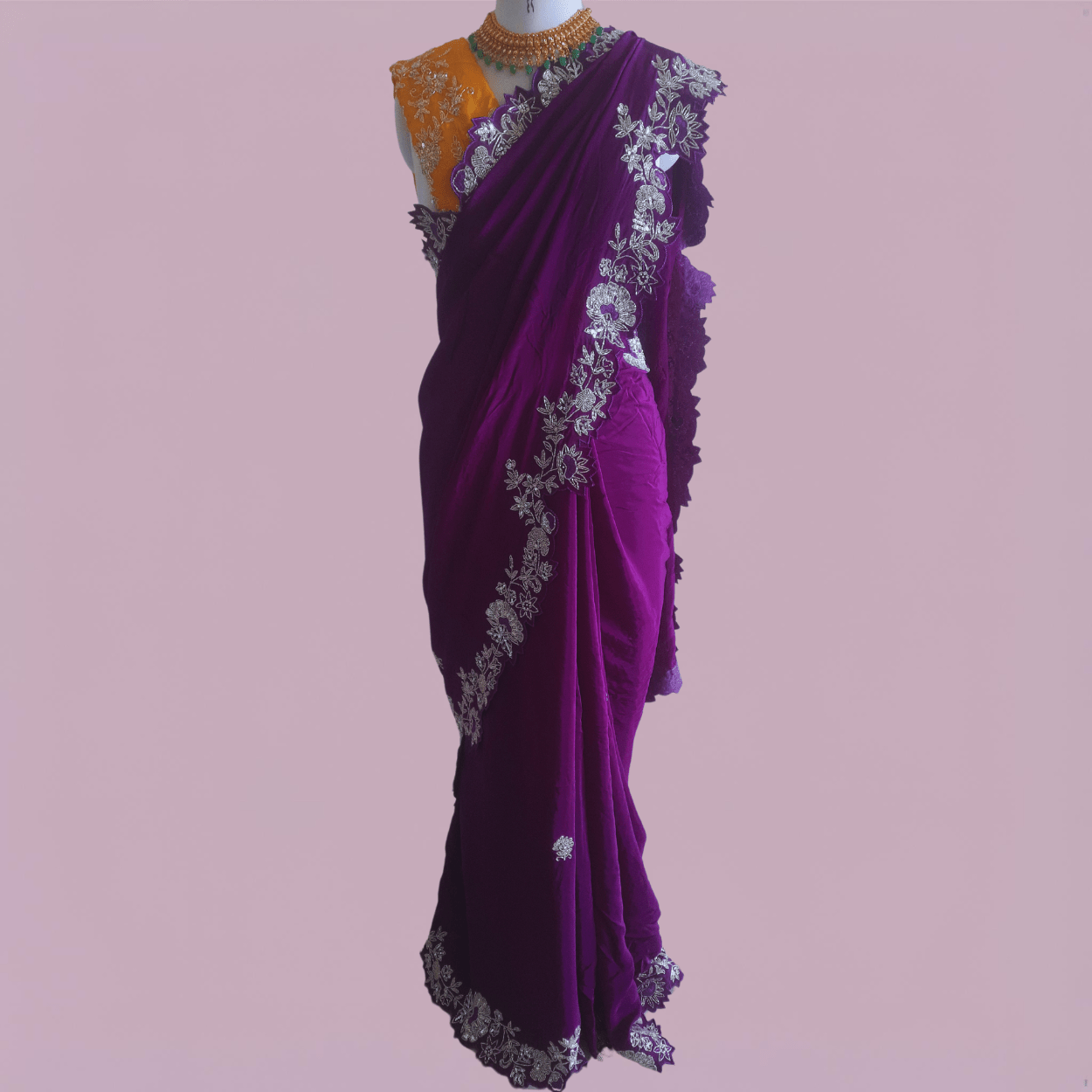 Pure crepe satin silk saree in silver cutdana, pearls and sequins handwork in purple color - Kalyanam By Swati