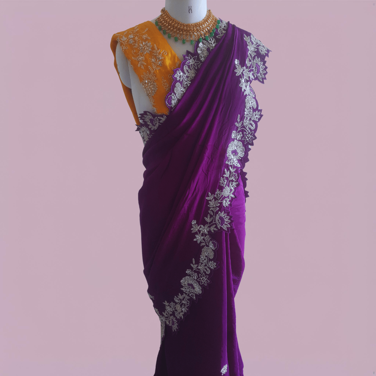 Pure crepe satin silk saree in silver cutdana, pearls and sequins handwork in purple color - Kalyanam By Swati