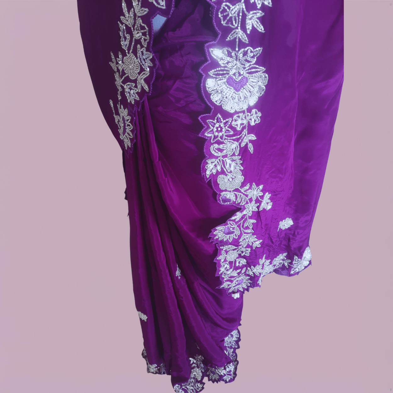 Pure crepe satin silk saree in silver cutdana, pearls and sequins handwork in purple color - Kalyanam By Swati