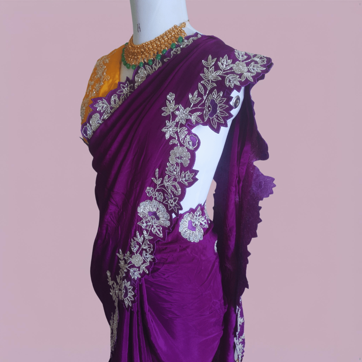 Pure crepe satin silk saree in silver cutdana, pearls and sequins handwork in purple color - Kalyanam By Swati