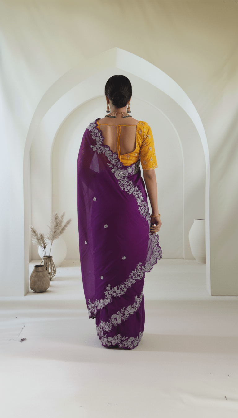 Pure crepe satin silk saree in silver cutdana, pearls and sequins handwork in purple color - Kalyanam By Swati