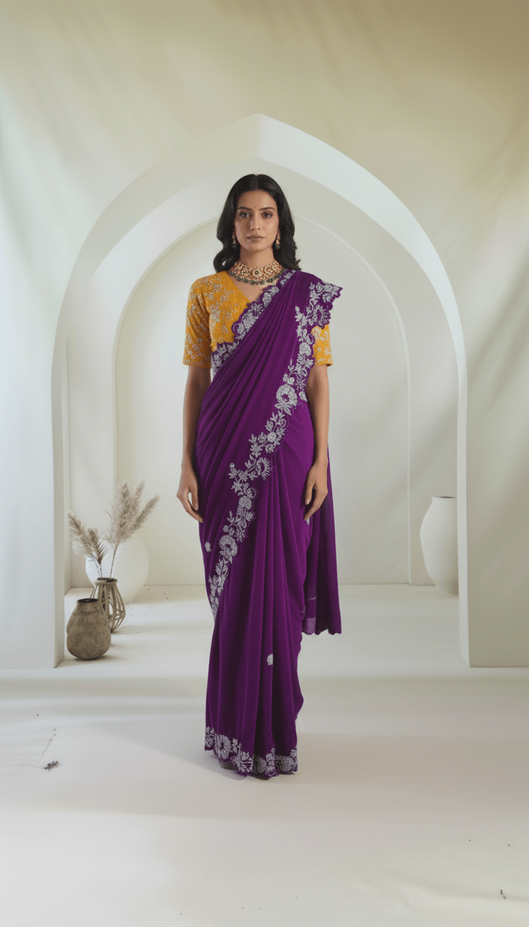 Pure crepe satin silk saree in silver cutdana, pearls and sequins handwork in purple color - Kalyanam By Swati